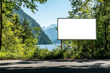 White horizontal billboard mockup in front of a lake by a roadside, serene landscape all around, white horizontal billboard  mockup  roadside, peaceful advertising spot