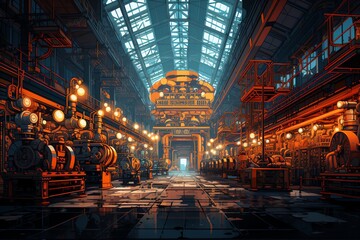 Fototapeta premium A vibrant industrial interior showcasing machinery and lighting in a large workspace.