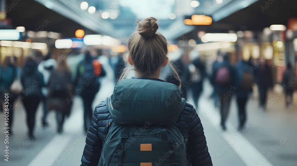 Poster close up view of a woman s back as she walks through a busy train station with a blurred crowd of pa