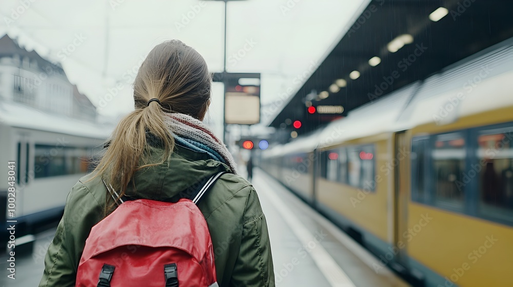 Poster Close up view of a woman s back as she walks along a train platform with the train station s modern architecture and signage visible behind her providing ample space for text overlay
