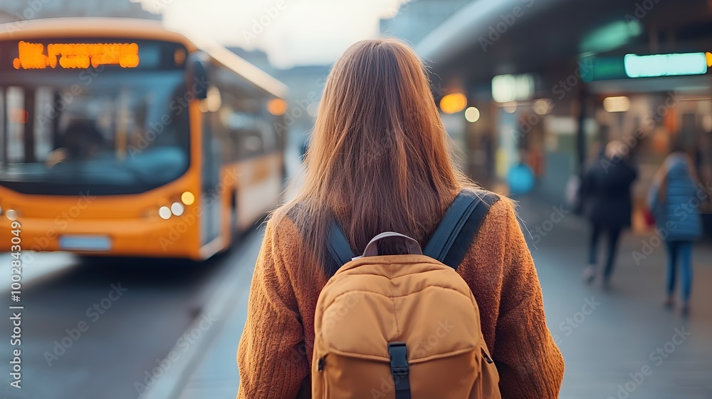 Aufkleber Close up view of a woman s back as she walks toward a bus at a modern and clean transportation station with buses lined up and passengers boarding in the background creating a dynamic urban scene