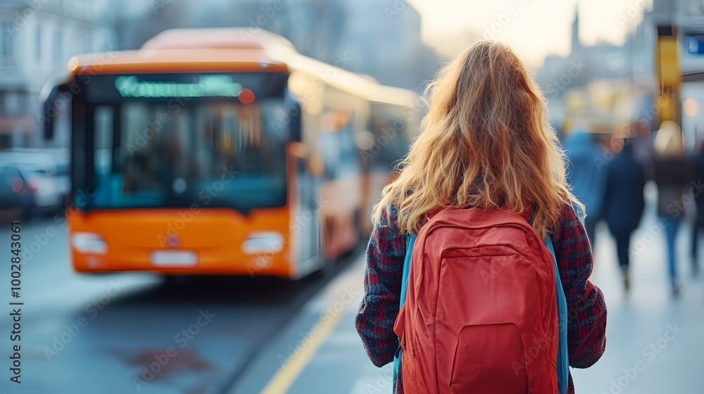 Poster Close up view of a woman s back as she walks toward a bus at a crowded transportation station with multiple buses lined up and passengers boarding in the background