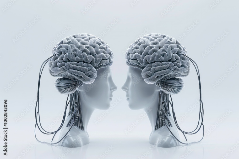 Poster abstract representation of two human heads with brain connections in a minimalist style on a light b