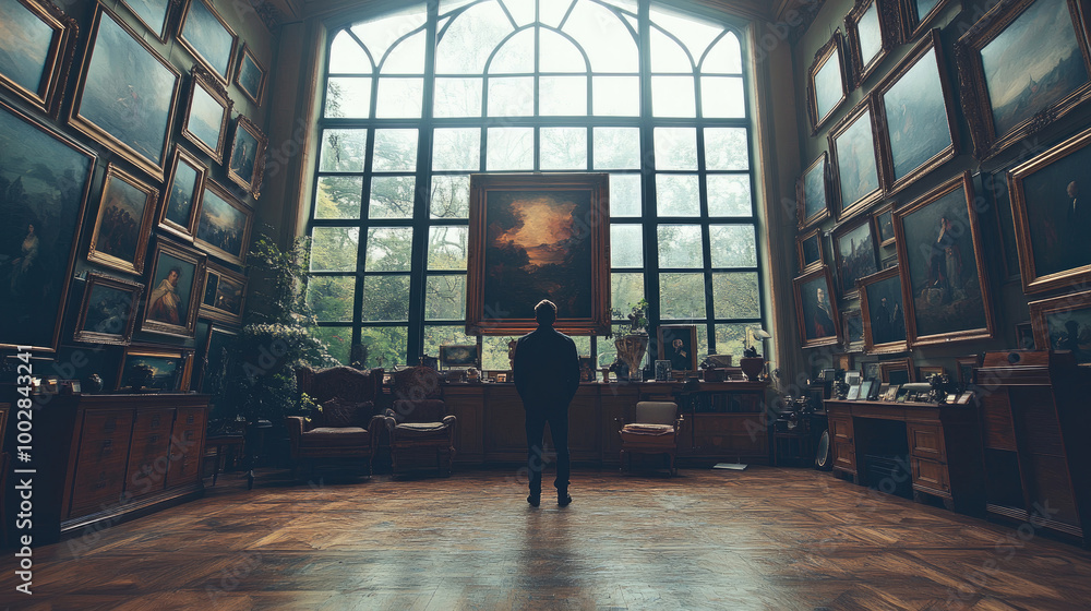 Aufkleber a visitor admires the intricate artworks in a spacious gallery filled with sunlight and an array of 