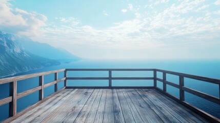 Obraz premium Perspective from a wooden viewing deck with no railings, looking out over a boundless ocean