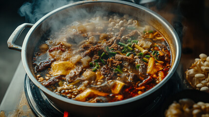 A bubbling pot of spicy hot pot filled with meat and vegetables in a cozy dining setting