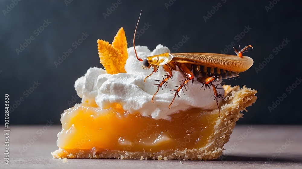 Poster closeup of a cockroach resting on a slice of sweet pie with a dollop of whipped cream creating an un