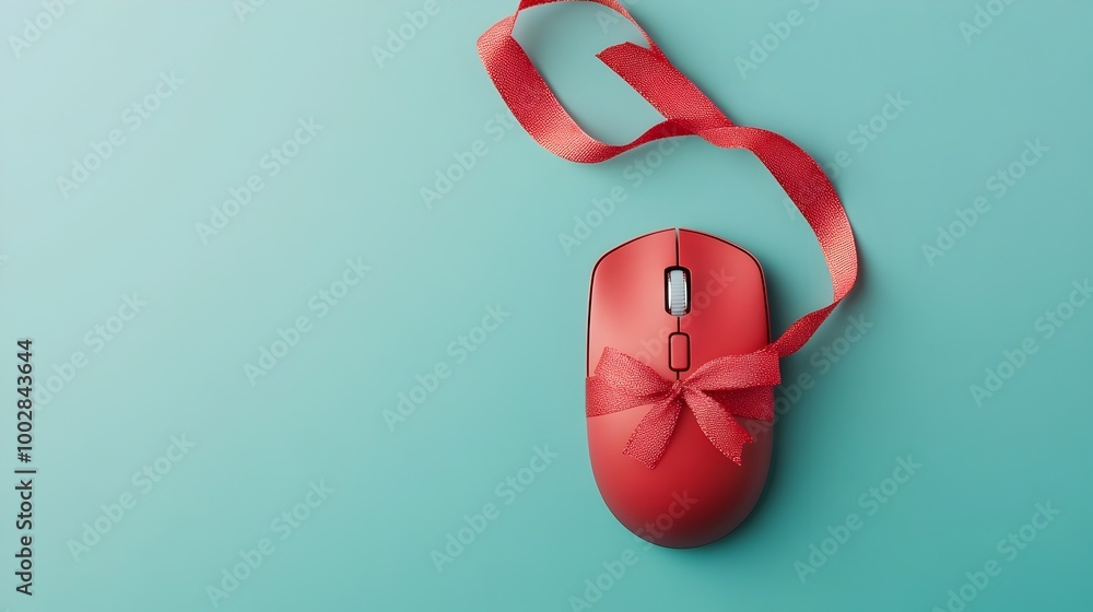 Poster Closeup of a computer mouse wrapped in a colorful ribbon symbolizing the excitement and anticipation of finding great deals and bargains during the Cyber Monday online shopping event