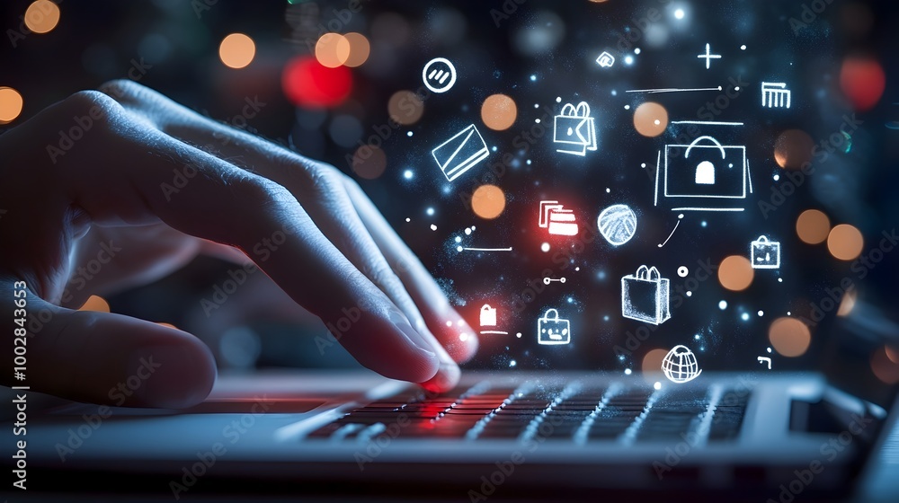 Poster closeup of a hand clicking a computer mouse surrounded by vibrant discount icons and flashing sale b