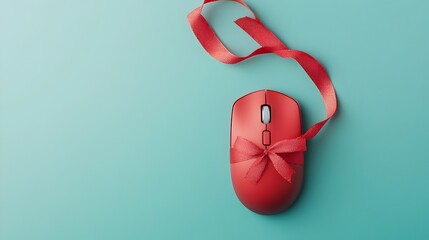Closeup of a computer mouse wrapped in a colorful ribbon symbolizing the excitement and anticipation of finding great deals and bargains during the Cyber Monday online shopping event