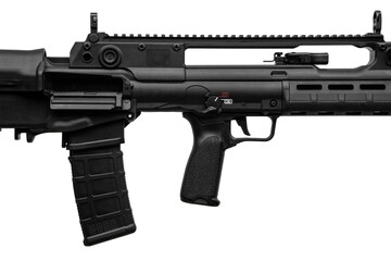 Close-up of the rifle's bolt. Modern carbine of the bullpup system. Weapons for police, army and...