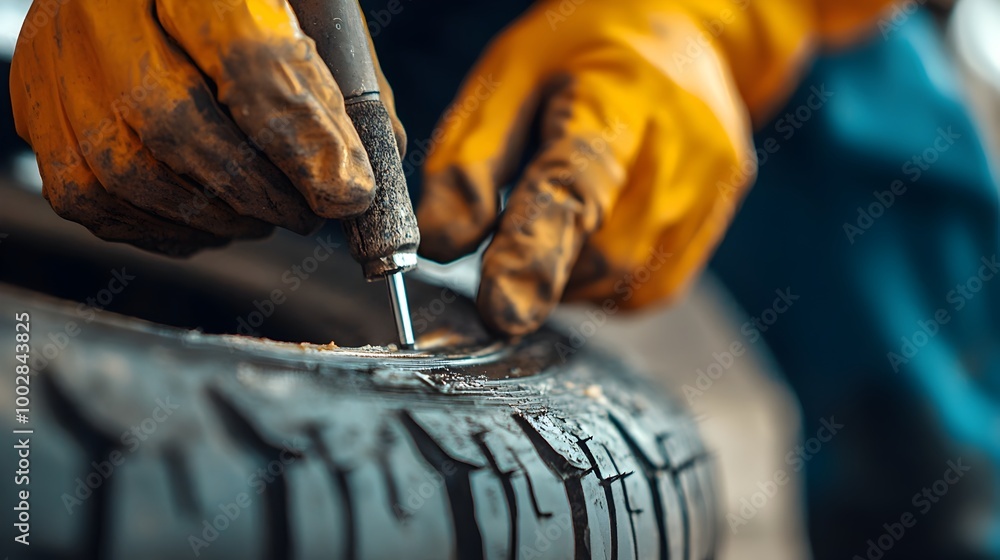 Poster Closeup view of a tire puncture being repaired with the tire surface thoroughly cleaned and prepped for a new patch to be applied