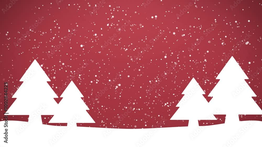 Poster video animation of a winter landscape with fir trees and falling snow on a red background - seamless