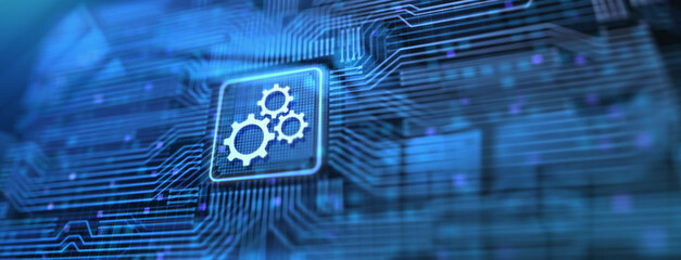 Abstract gears on virtual screen automation innovation technology concept.. Businessman pressing button on screen.