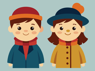 Cute Boy and Girl in hats and coats