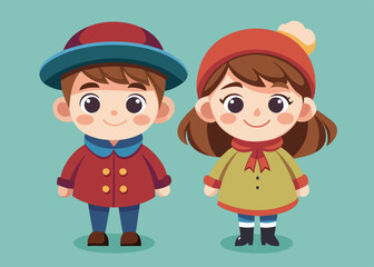 Cute Boy and Girl in hats and coats