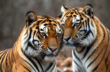 Obraz premium Beautiful sight of two beautiful and big tigers in love in the forest