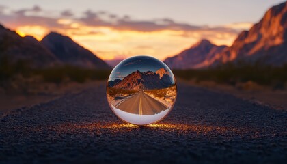 Photography lens reflecting a glowing road stretching into a sunset-drenched mountain range, blending the art of capturing the journey with scenic beauty