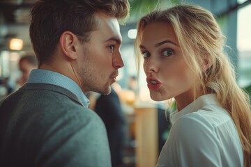 Naklejka premium Two colleagues are gossiping at background behind the boss. workmate about bullying problem at work place in office in the break outside Male Coworkers employees man and woman Whispering,Generative AI