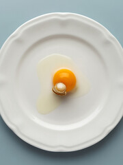 Still life with raw egg and a gold ring on a white plate on pastel blue background. Minimal and creative jewelry photography concept
