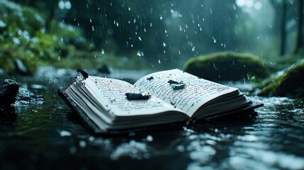 Rain falling on an open diary with ink smudging away, forgotten stories, unwritten feelings