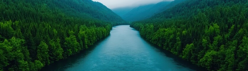 Fototapeta premium A serene river gently flowing through a dense forest, highlighting the peaceful yet powerful flow of water forest river, peaceful power