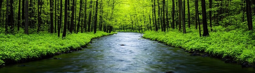 Obraz premium A serene river gently flowing through a dense forest, highlighting the peaceful yet powerful flow of water forest river, peaceful power