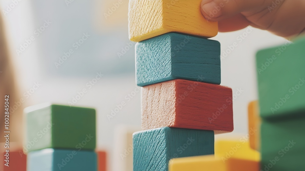 Poster colorful wooden blocks carefully stacked into a balanced and vibrant tower highlighting the focus an