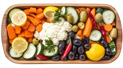 A colorful mix of pickled vegetables, including carrots, lemons, cucumbers, black and green olives, chili peppers, and cauliflower, arranged in a wooden dish against a white background.