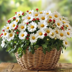 Beautiful white daisies and red flowers in a woven basket, ideal for floral decoration and garden inspiration.