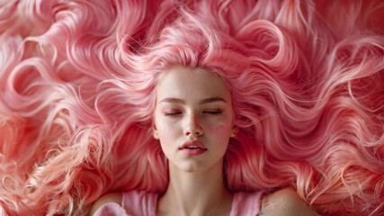 A woman with long pink hair is laying down