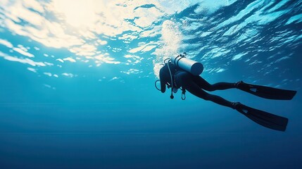Diver underwater, with body heat shown dissipating in the cold ocean, thermodynamics, heat loss in water concept
