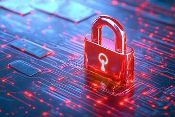 3D rendering of a red, glowing padlock icon on a digital background