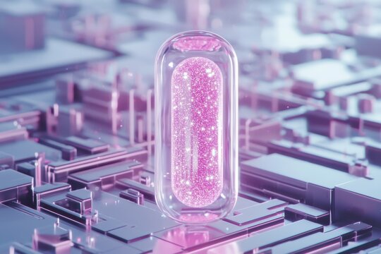 A sleek, transparent capsule with glowing neon particles inside, floating in a high-tech lab environment