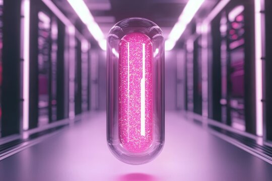 A sleek, transparent capsule with glowing neon particles inside, floating in a high-tech lab environment