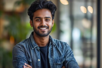 Fototapeta premium Portrait of a young confident trendy indian man standing and holding a tablet, Generative AI