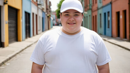 Fototapeta premium Plus size teenage boy wearing white t-shirt and white baseball cap standing in a city alley