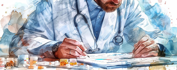 watercolor style, Pharmacist in a watercolor style, meticulously arranging investment portfolios, healthcare investment