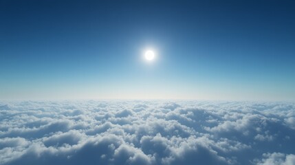 A clear sky above thin clouds, deep blue with a tiny bright sun on the horizon