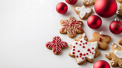 Holiday-themed ginger cookies and red ornaments, creating a joyful scene.