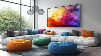 modern living room with big sofa and a colorful painting on the wall, alcohol ink technique