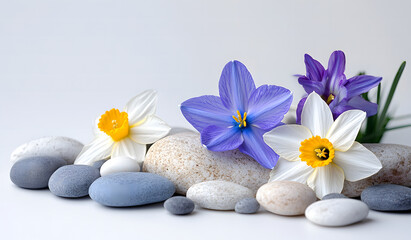 Spring Flowers and Smooth Stones Arrangement on White Background