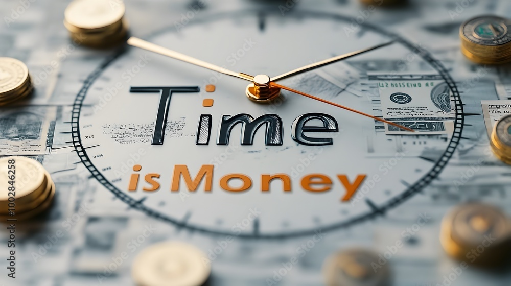 Poster creative clock made from stacks of cash and bills representing the business saying time is money and