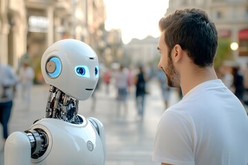 A man and a white humanoid robot looking at each other on the streets