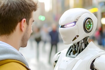 A man and a white humanoid robot looking at each other on the streets