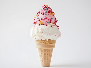 Colorful Scoop of Creamy Ice Cream with Sprinkles in a Waffle Cone on White Background