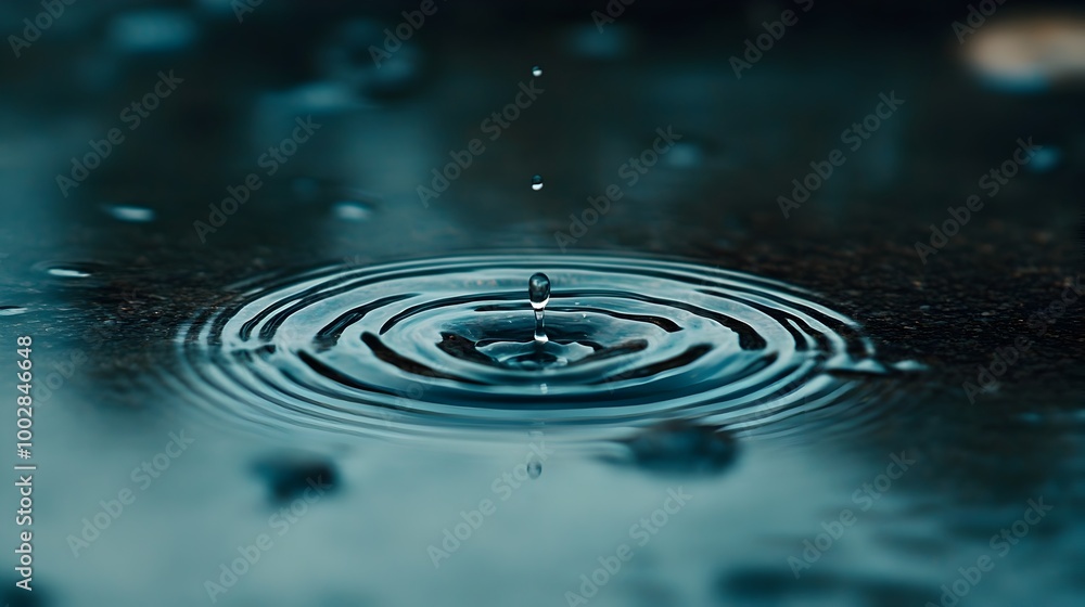 Poster Delicate water droplets creating captivating ripple patterns on the surface of a serene calm pond symbolizing the subtle yet powerful influence of water and its natural beauty