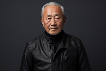 Fototapeta premium Portrait of a tender asian man in his 80s sporting a classic leather jacket isolated in plain cyclorama studio wall