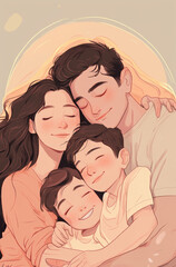Minimalist Family Portrait of Parents and Two Children Cuddling
