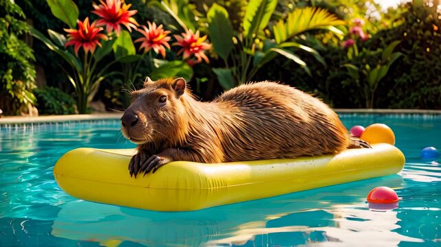 A brown capybara is laying on a yellow inflatable raft in a pool